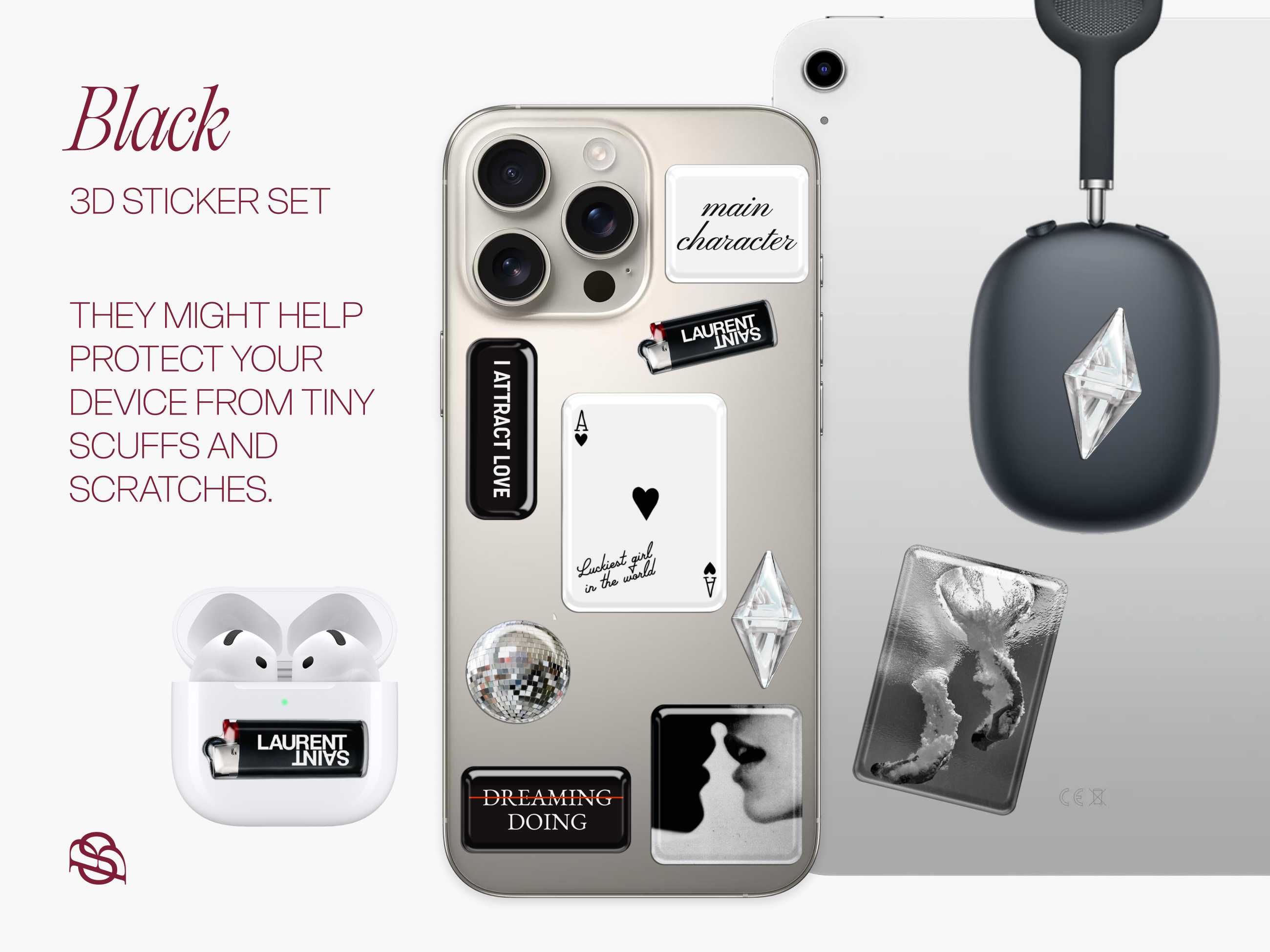 Naklejki 3D czarne – elegancki zestaw – telefon, planner, notes