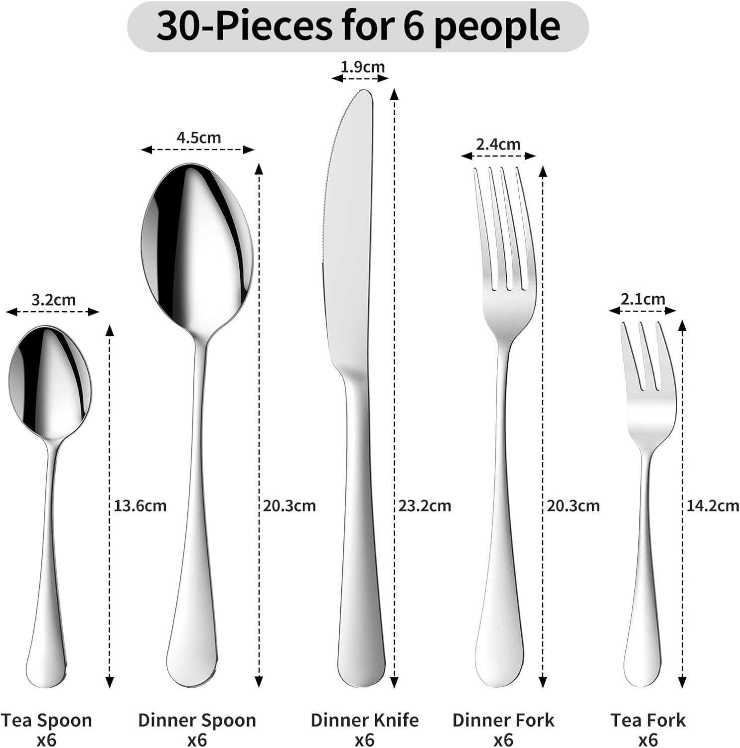 Zestaw sztućców dla 6 osób, 30-częściowy zestaw ze stali nierdzewnej