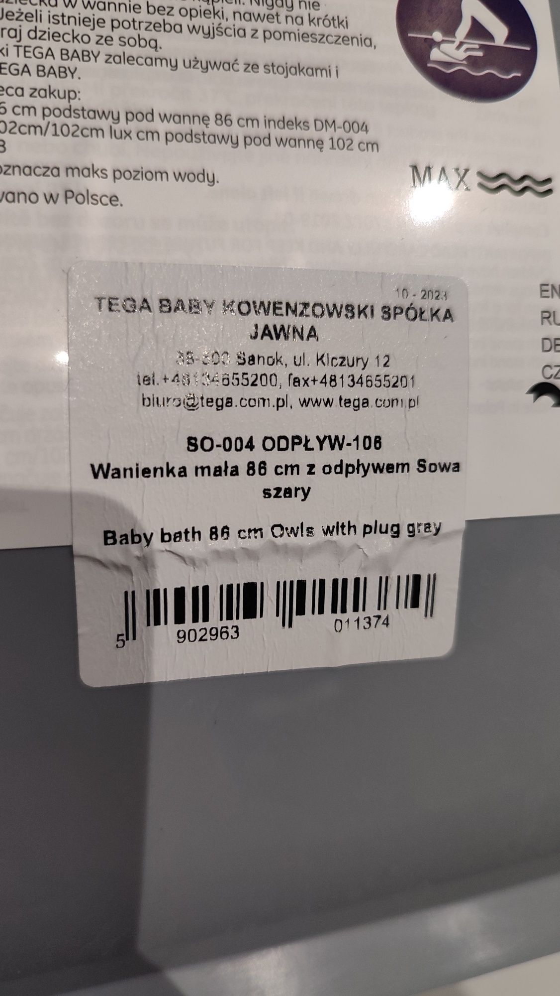 Wanienka Tega Baby z odpływem 86 cm