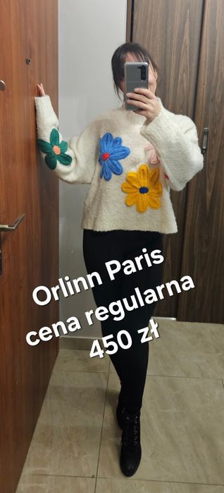 Biały kremowy sweter Orlinn Paris kwiaty