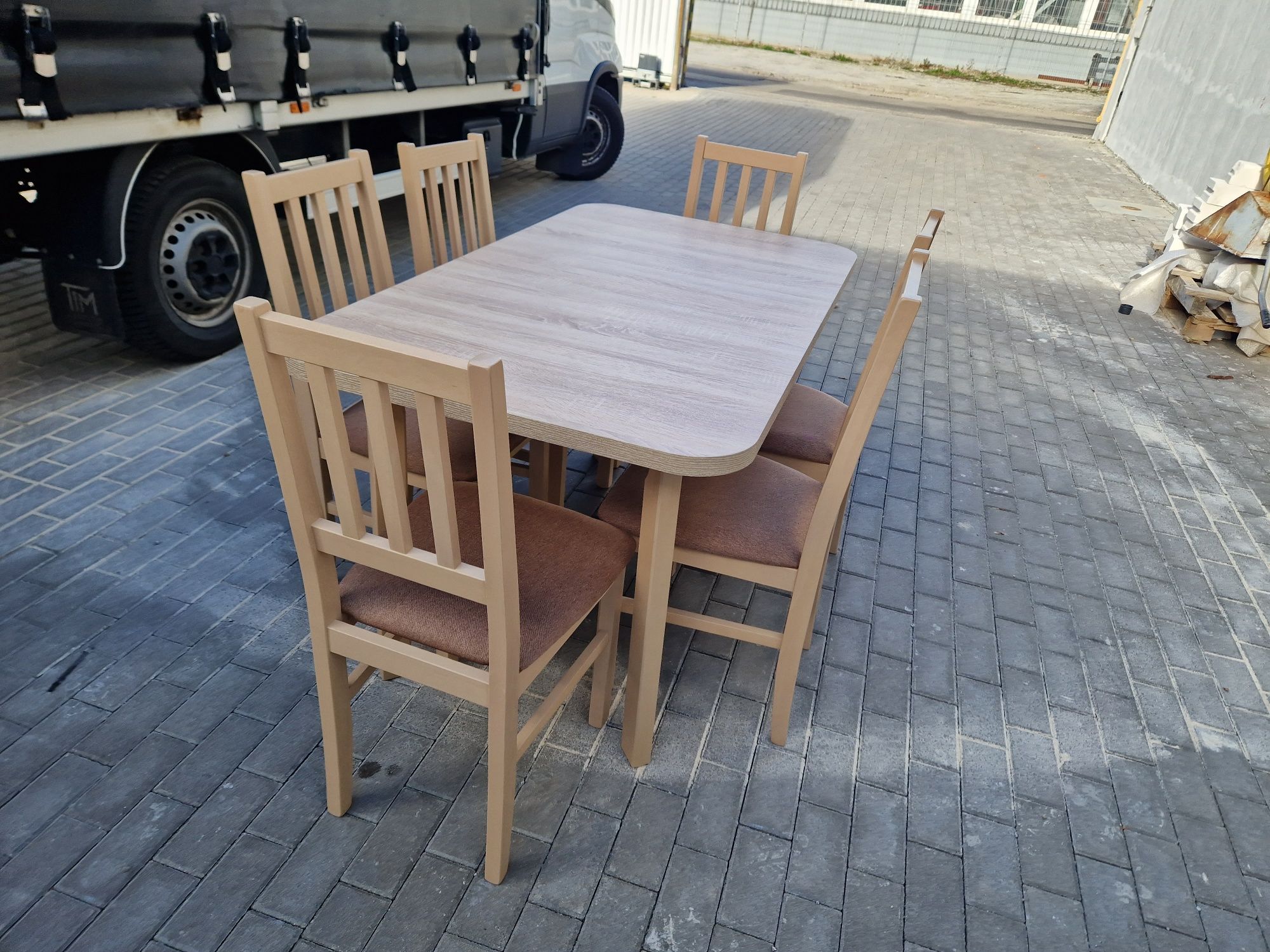 Nowe: Stół rozkładany + 6 krzeseł, sonoma + jasny brąz,  dostawa PL