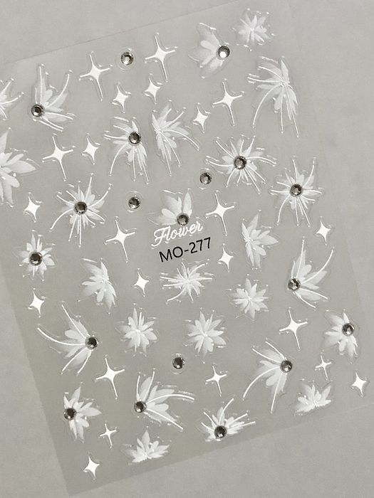 Naklejki na paznokci białe kwiaty kryształki gwiazdy y2k