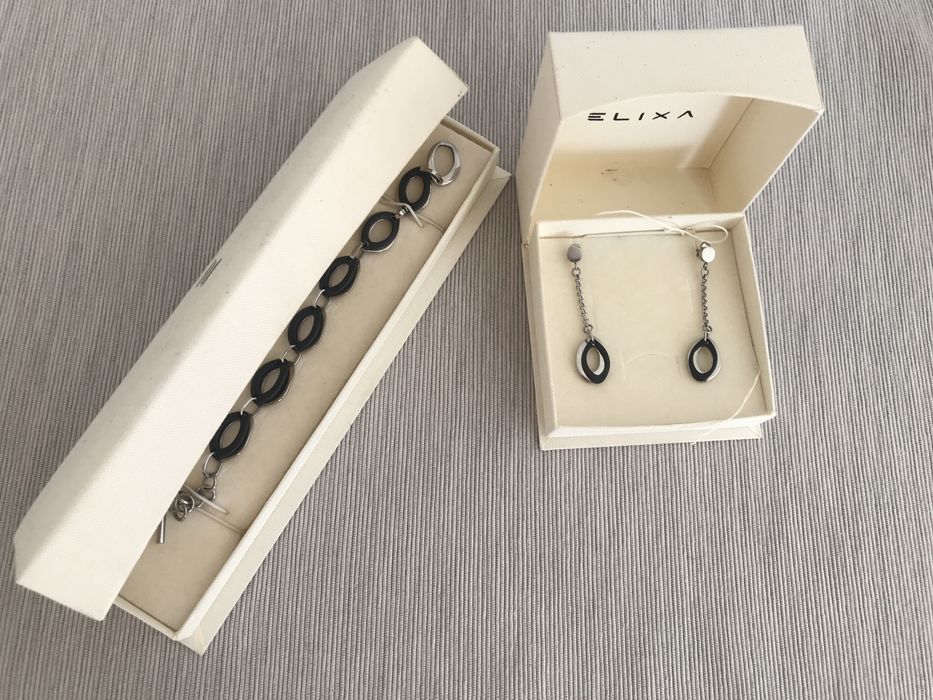 Zestaw biżuteria eleganckie srebrne czarne kolczyki bransoletka Elixa