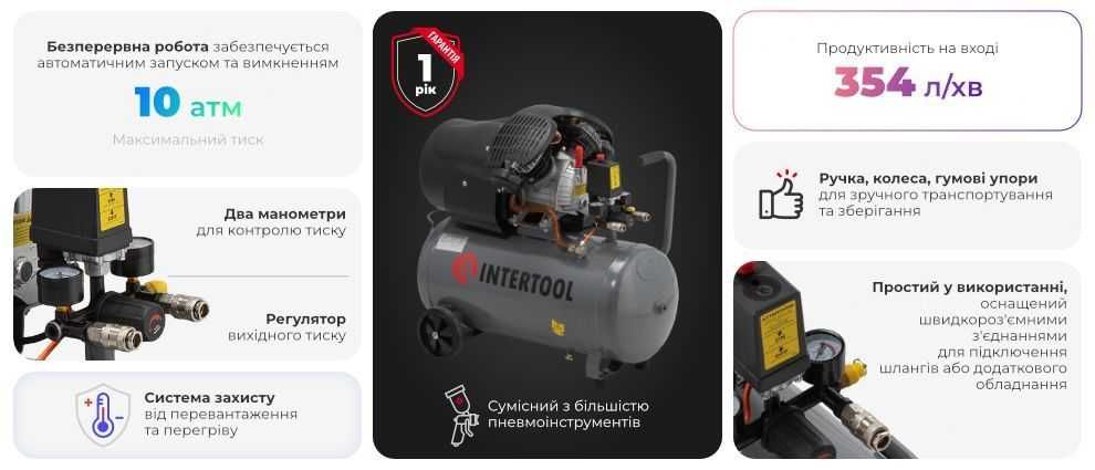 Компресор 50 л, 2.23 кВт, 220 В, 10 aтм, 354 л/хв. INTERTOOL PT-0004.