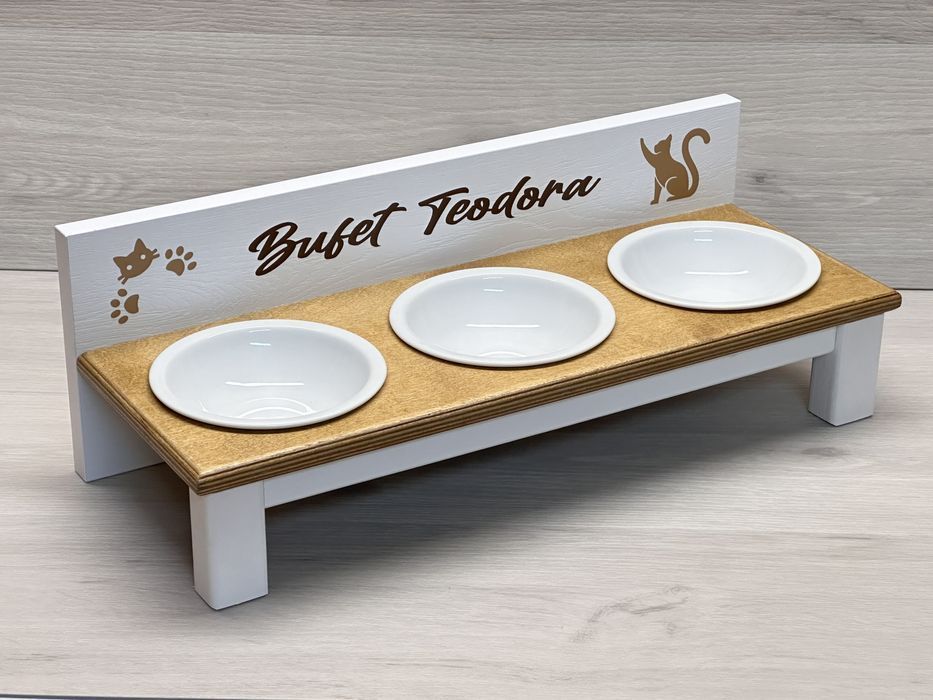 3 Miski ceramiczne dla kotów na stojaku + Twój nadruk - Biały + BUK