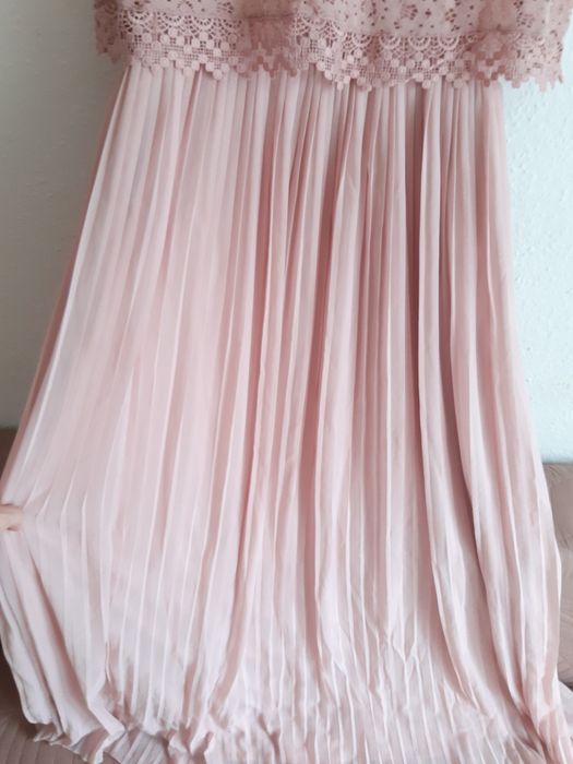 Nowa Długa sukienka plisowana top koronkowy pudrowy róż L XL