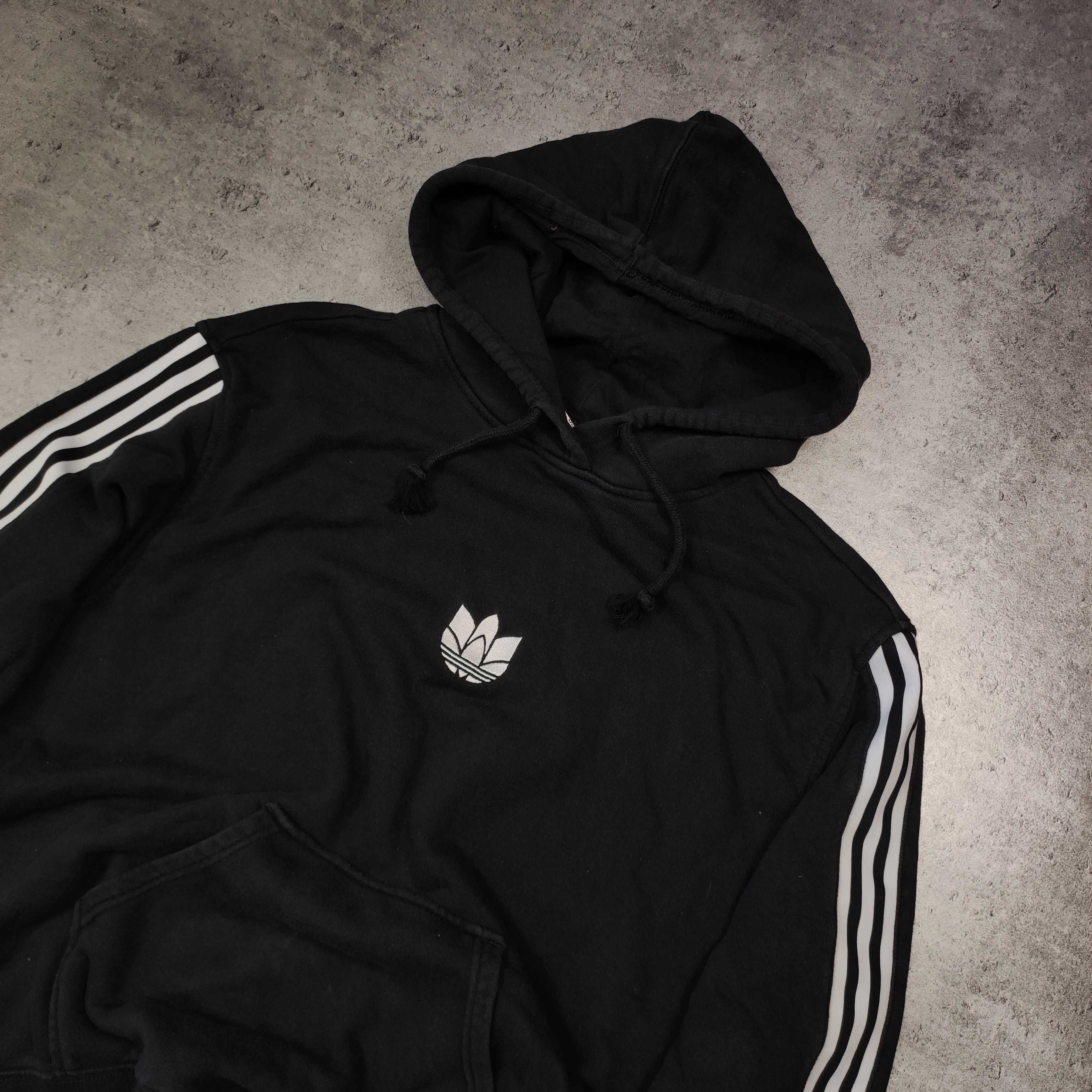 MĘSKA Bluza Czarna Bawełna 3 Paski Adidas Haftowane Logo Hoodie Kaptur