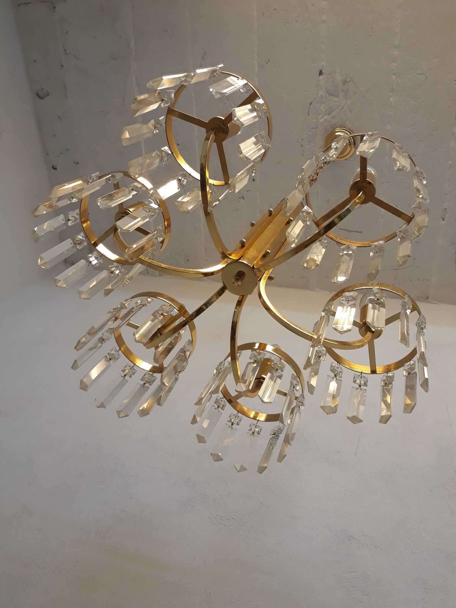 Żyrandol mosiężny kryształowy z kryształkami 6 ramienny lampa art deco
