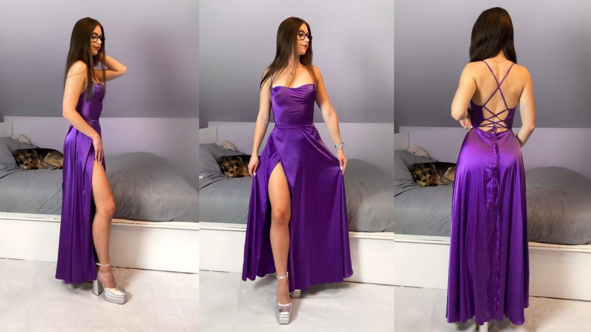 Satynowa sukienka heiasstore SSM17802 fioletowa na studniówkę