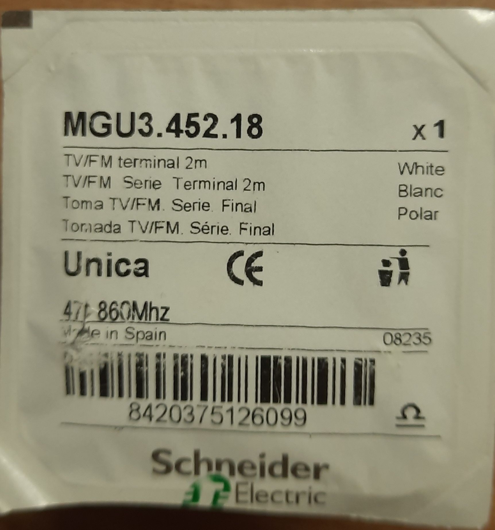 MGU3.452.18 Розетка TV / FM конечная 2-мод белая Unica Schneider