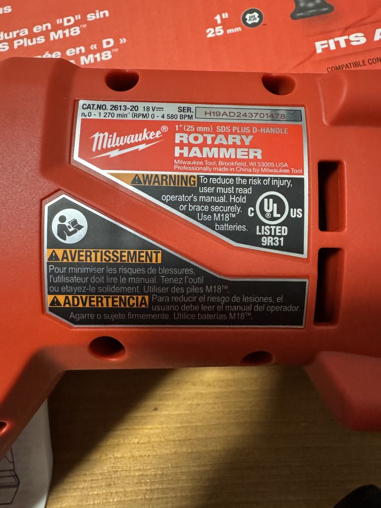 Перфоратор акумуляторний Milwaukee 2613-20, SDS-PLUS 2,6Дж