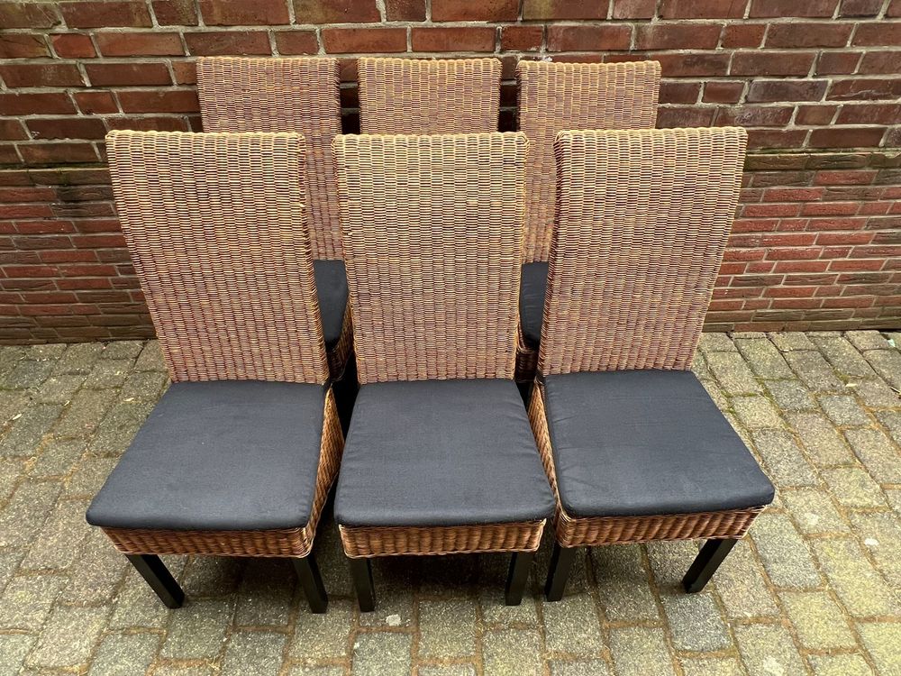 Krzesła 6 szt do jadalni fotele rattanowe wiklinowe czarne nóżki