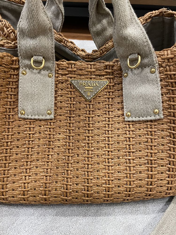 PRADA Tote Bag BN2038 2 waytote raffia/canvas camel