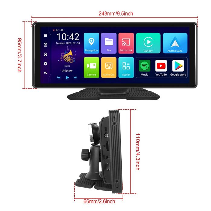 Rádio Portátil Carplay Android Auto 8-core 2 Câmaras Wi-Fi 4/64GB GPS