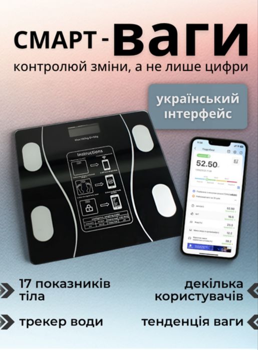 Ваги розумні електронні скляні напольні (Весы напольные, умные, смарт)