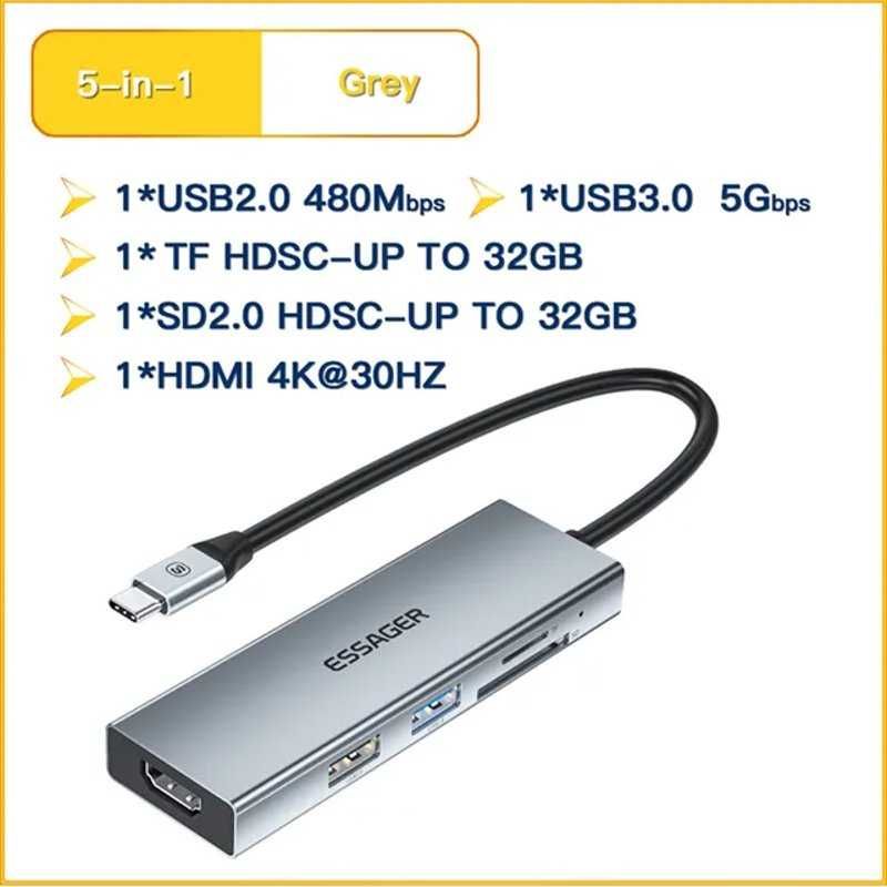 USB HUB 3.0 Multi-Port Splitter HDMI Type C 5 кардридер Essager 5 in 1