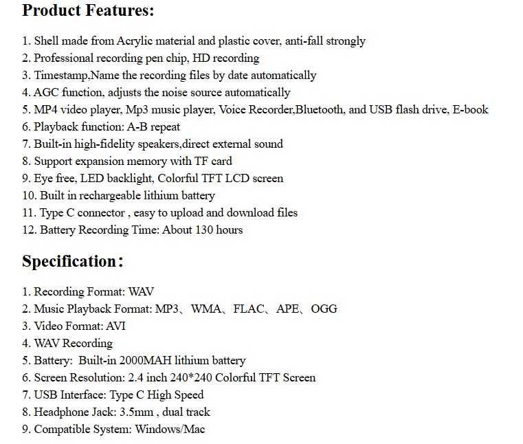 Vandlion X80 HiFi - Цифровой диктофон,  mp3/mp4 плеер