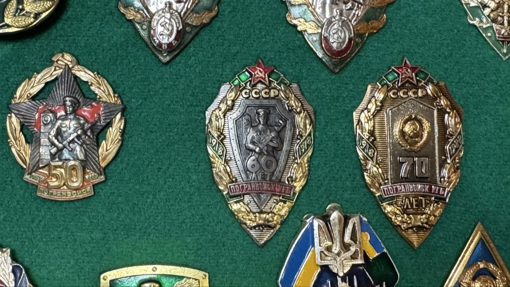 Коллекция знаков Пограничных войск разных времен в рамке под стеклом