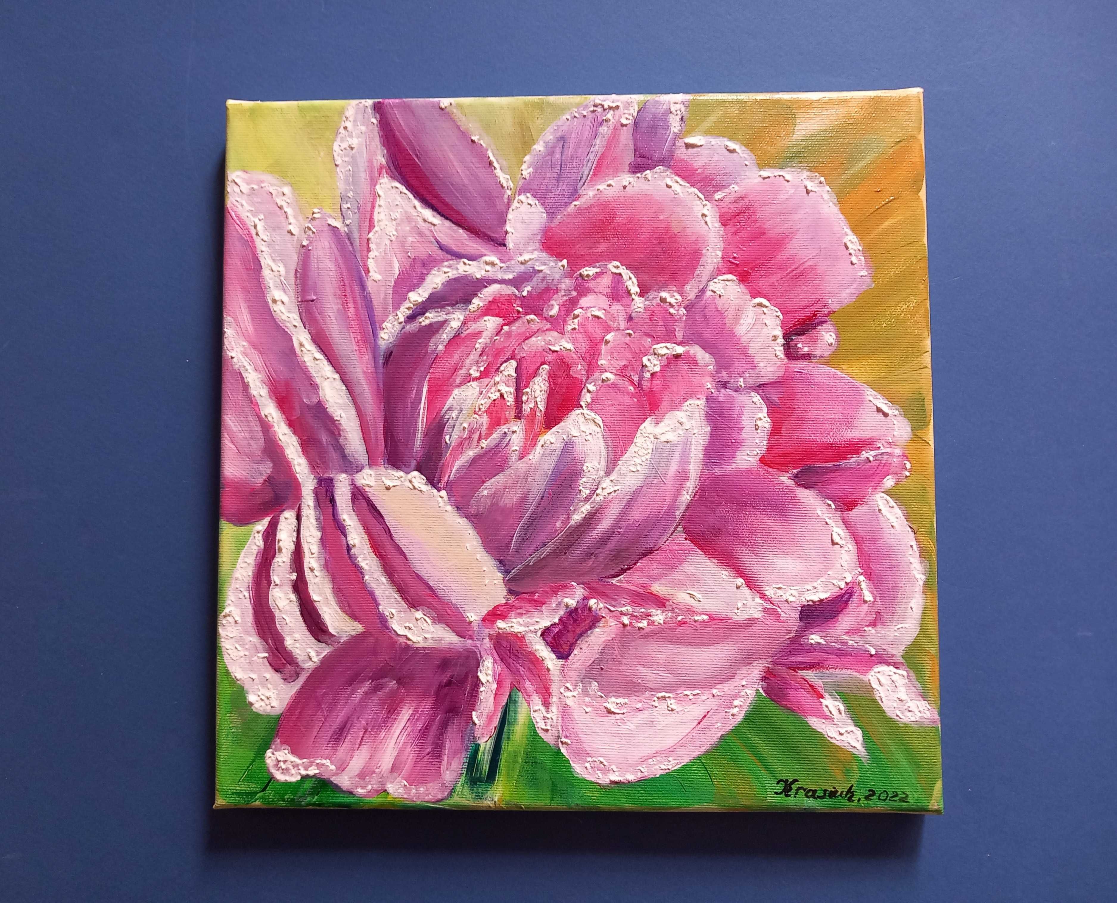 PIWONIA obraz olejny płótno tekstura ręcznie malowany 30x30 cm