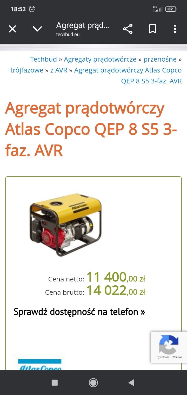 Agregat prądotwórczy Atlas Copco QEP8  3fazy