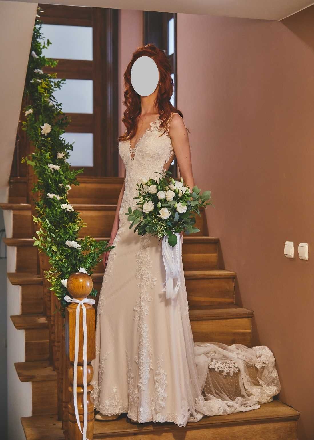 Suknia ślubna z trenem, koronka, boho, sexy rozmiar S