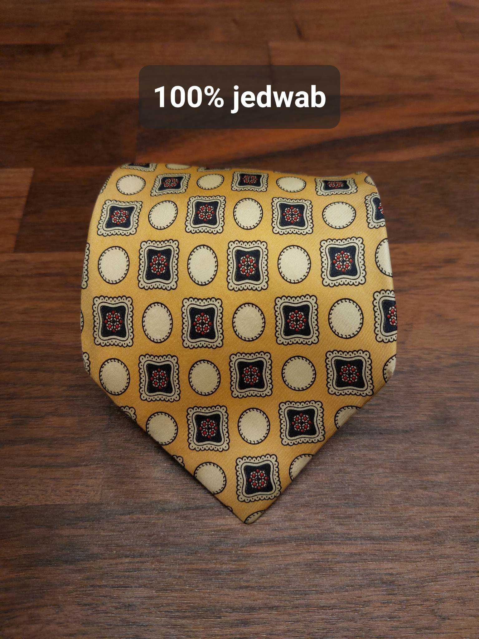 Jasnożółty krawat w granatowo-bordowy wzór geometryczny