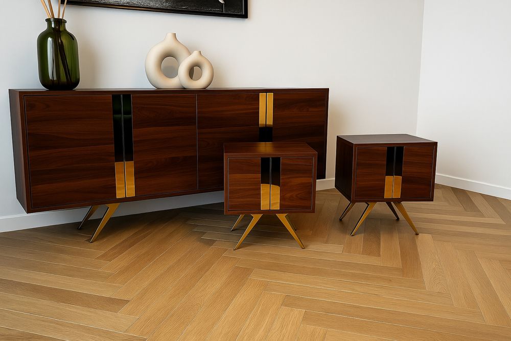 Komoda + 2 szafki nocne, nowoczesny design, drewno + złote detale