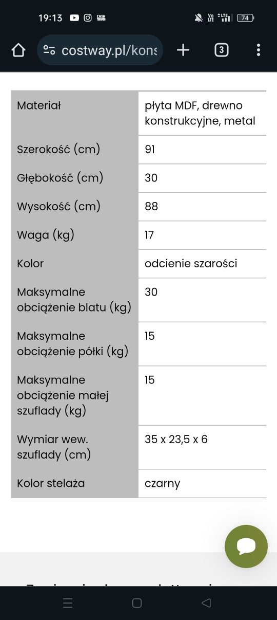 Konsola z szufladą i półkami 91 x 30 x 88cm