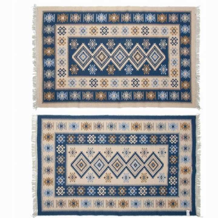 DYWAN KILIM BOHO dwustronny bawełna niebieski 120 X 180 FRĘDZLAMI