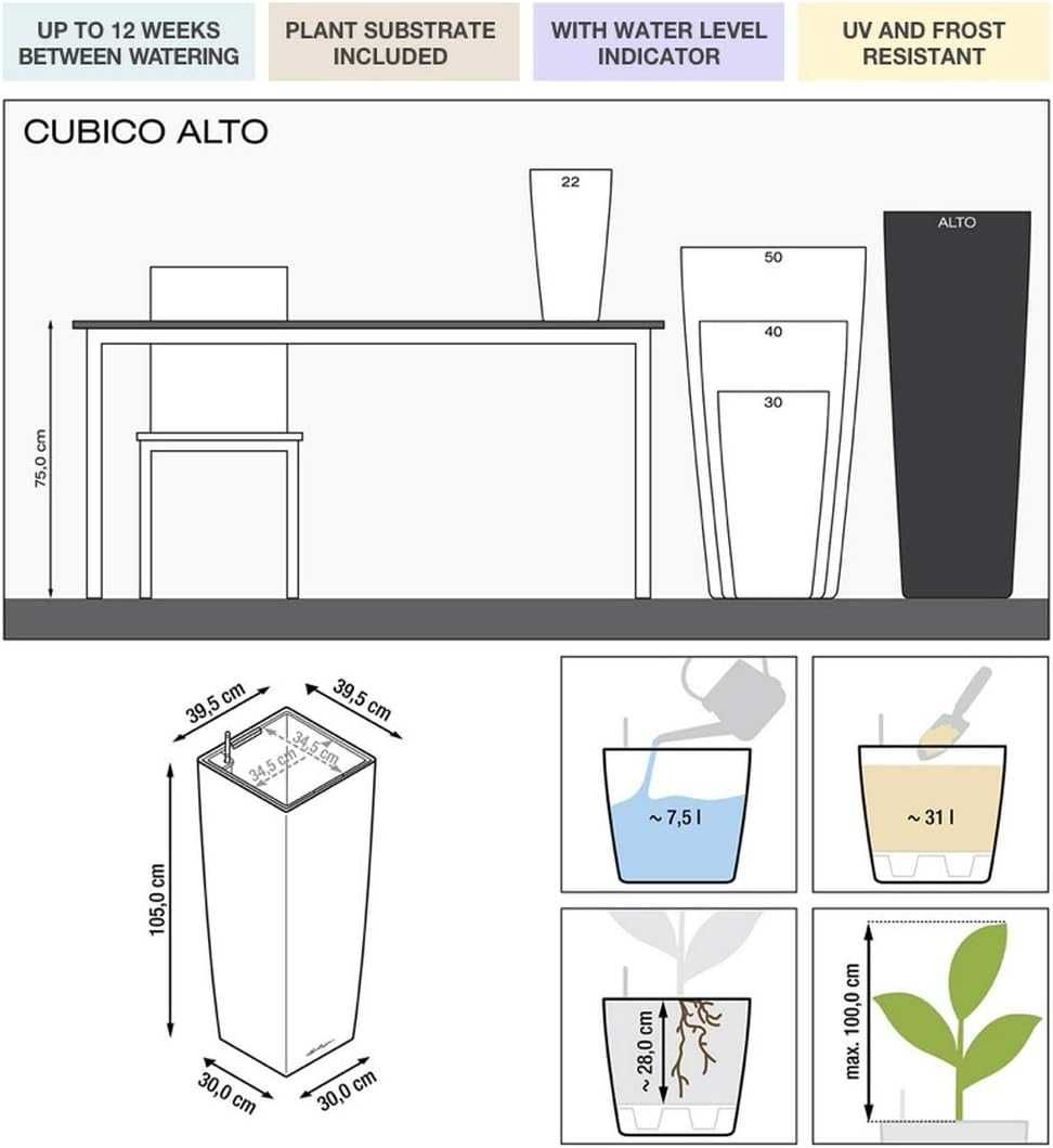 кашпо Lechuza Самополивний горщик для рослин CUBICO ALTO Large