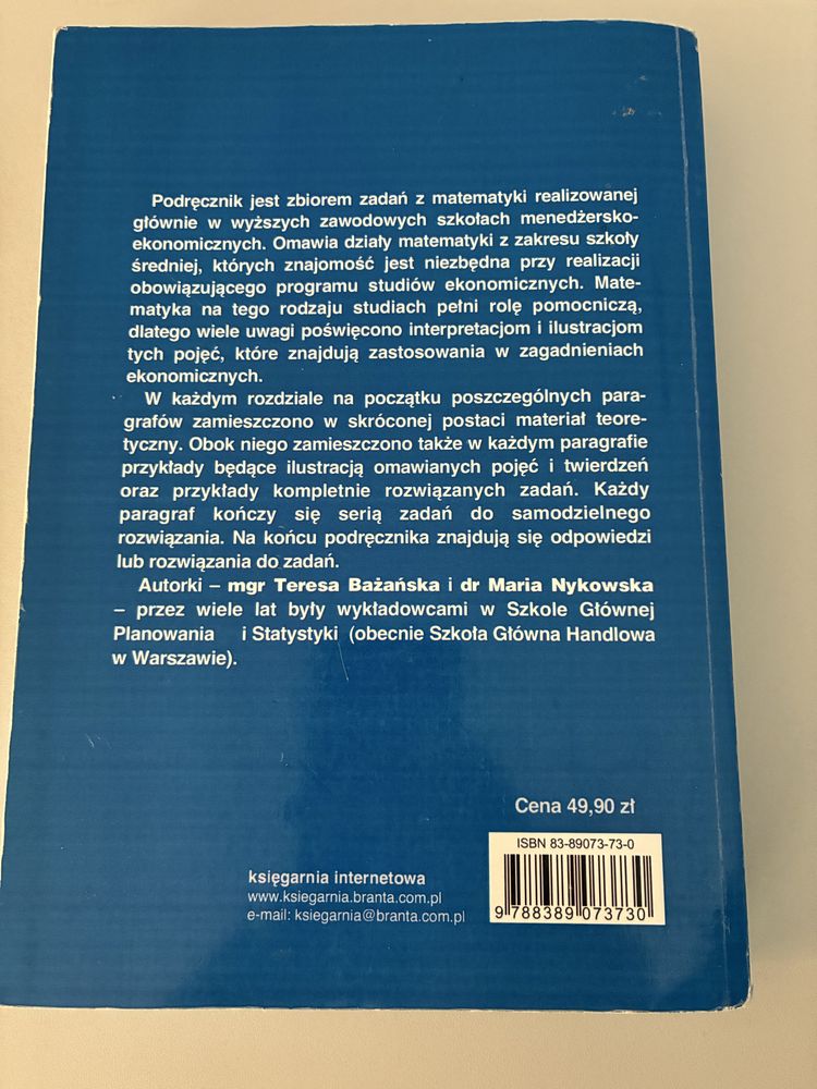 Matematyka w zadaniach – Bażańska, Nykowska -Dla uczelni ekonomicznych