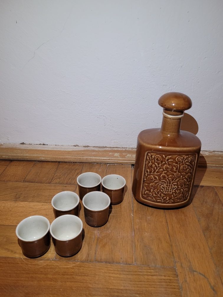 Vintage Antyk Karafka Bolesławiec i 6 kieliszków PRL