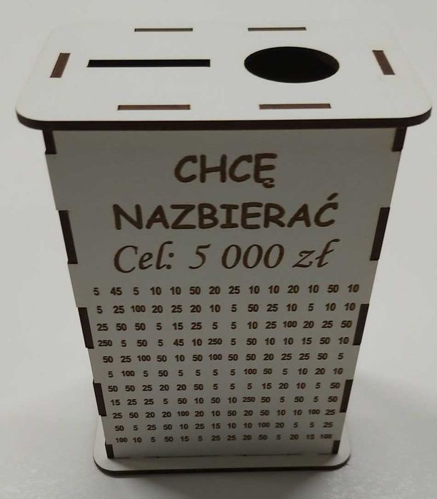 Skarbonka BIAŁA wykreślanka cel 5000 Twój tekst personalizacja 8x12x17