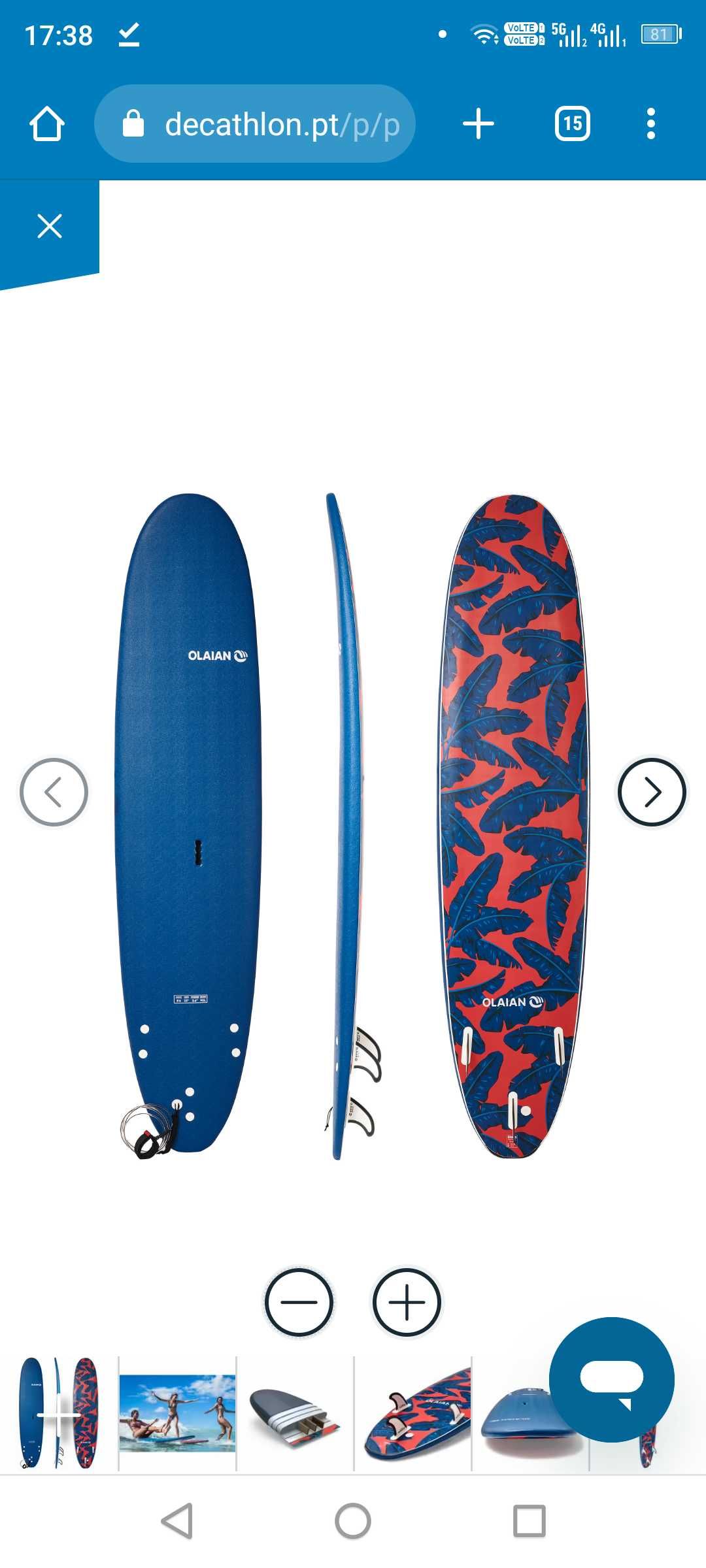 Prancha de Surf em Espuma 500 8'6'' com um leash e 3 quilhas. (Nova)