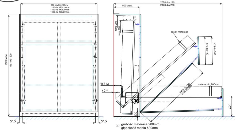 Stelaż łóżko w szafie 160 wall-bed 50v