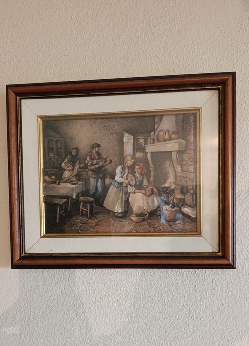 Quadro antigo representação cenas familiares