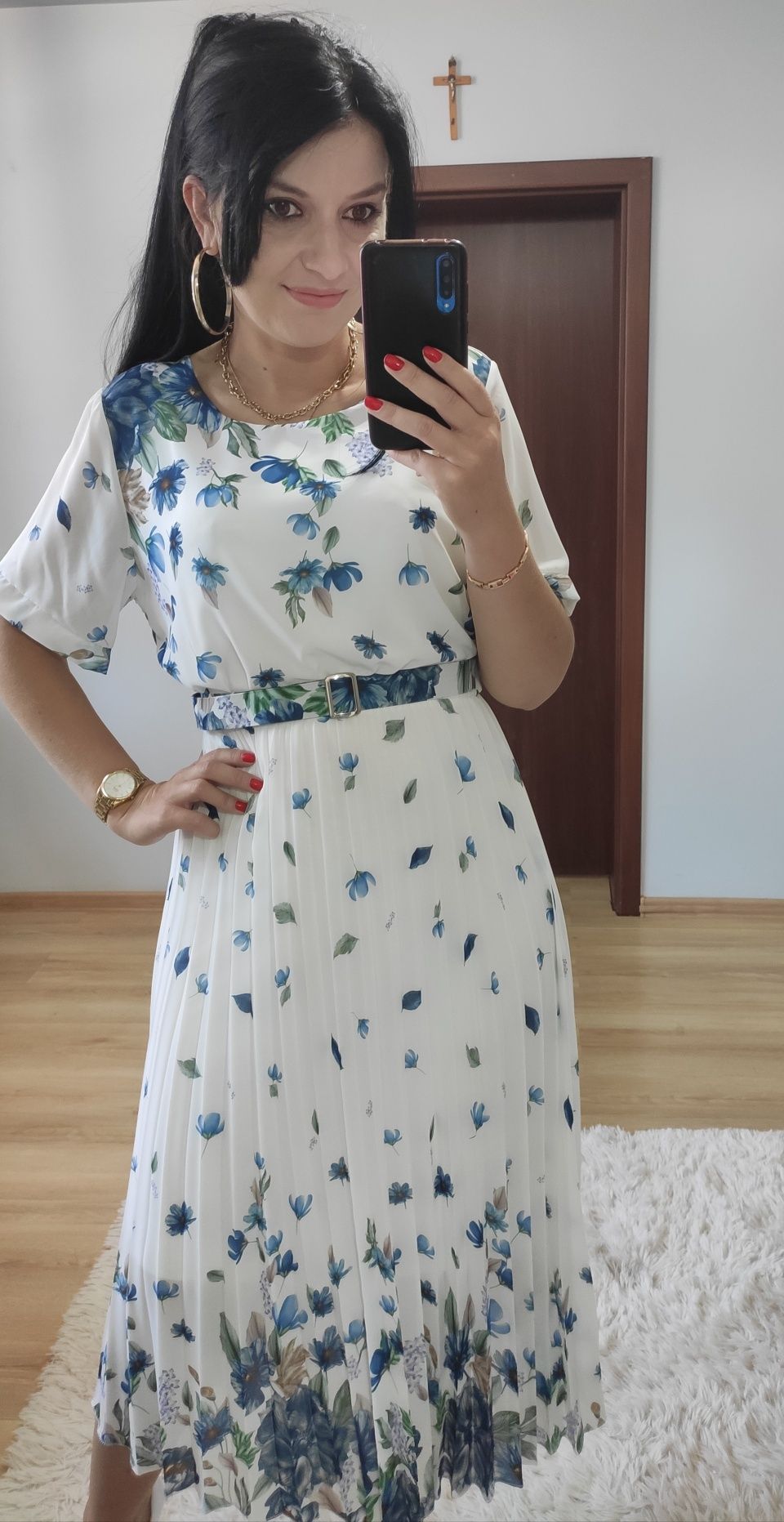 Sukienka MIDI w kwiaty pasek wesele komunia chrzciny