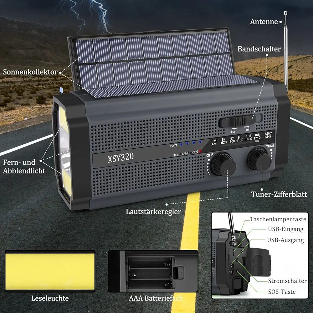 Radio solarne, przenośne radio korbowe, dynamo z AM/FM, 5000 mAh

Nacz