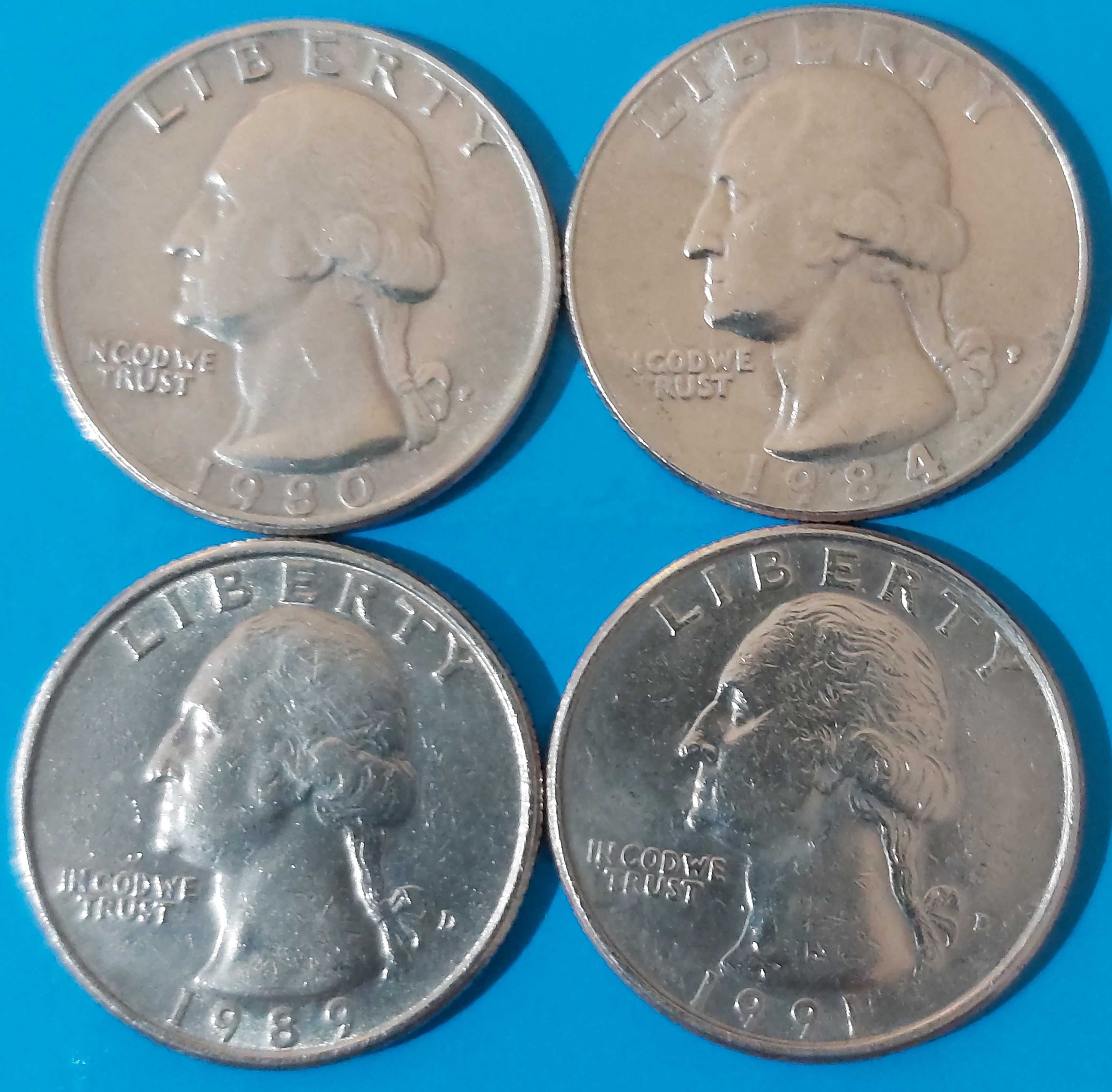 4 Moedas de 1/4 Dólar de 1980.P, 1984.P, 1989.D e 1991.D, dos USA