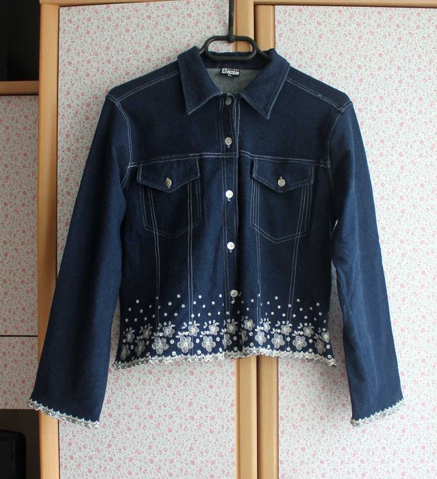 vintage bawełniana kurtka jeansowa jeansówka ramoneska z haftami