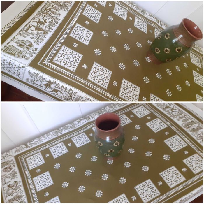 Obrus gruby lniany wzory etno folk biały i ciemna zieleń