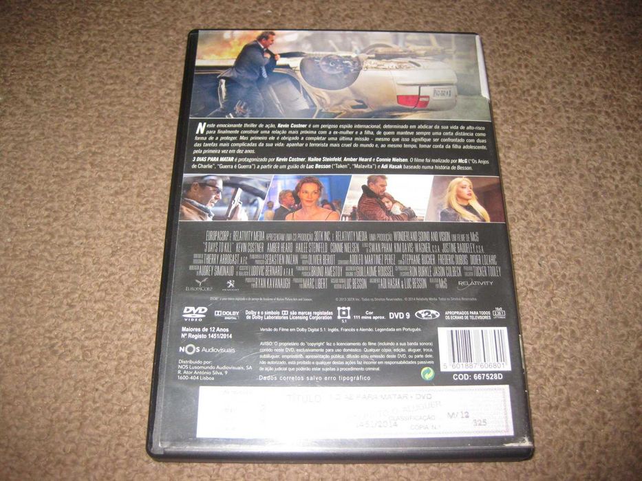 DVD "3 Dias Para Matar" com Kevin Costner
