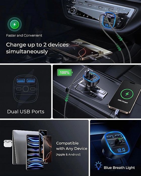 Transmiter FM Bluetooth 2xUSB microSD ładowarka LCD mikrofon, MP3, kar