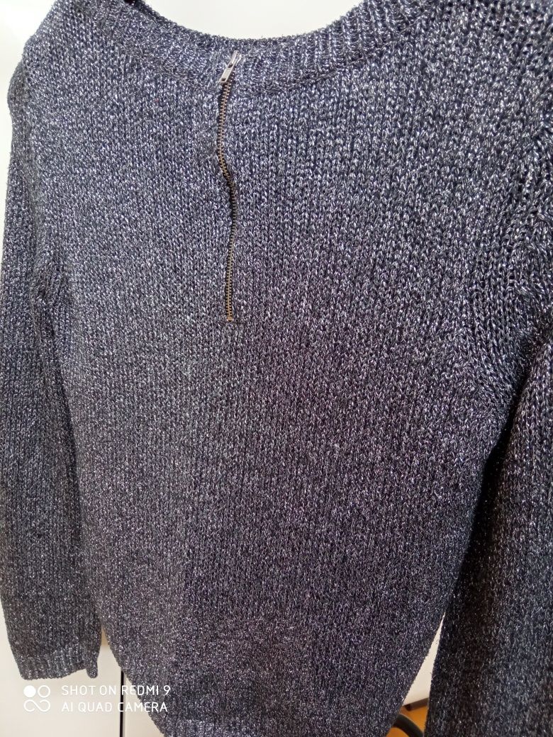 Czarny sweter ciemny grafitowy ze srebrną nitką H&M S