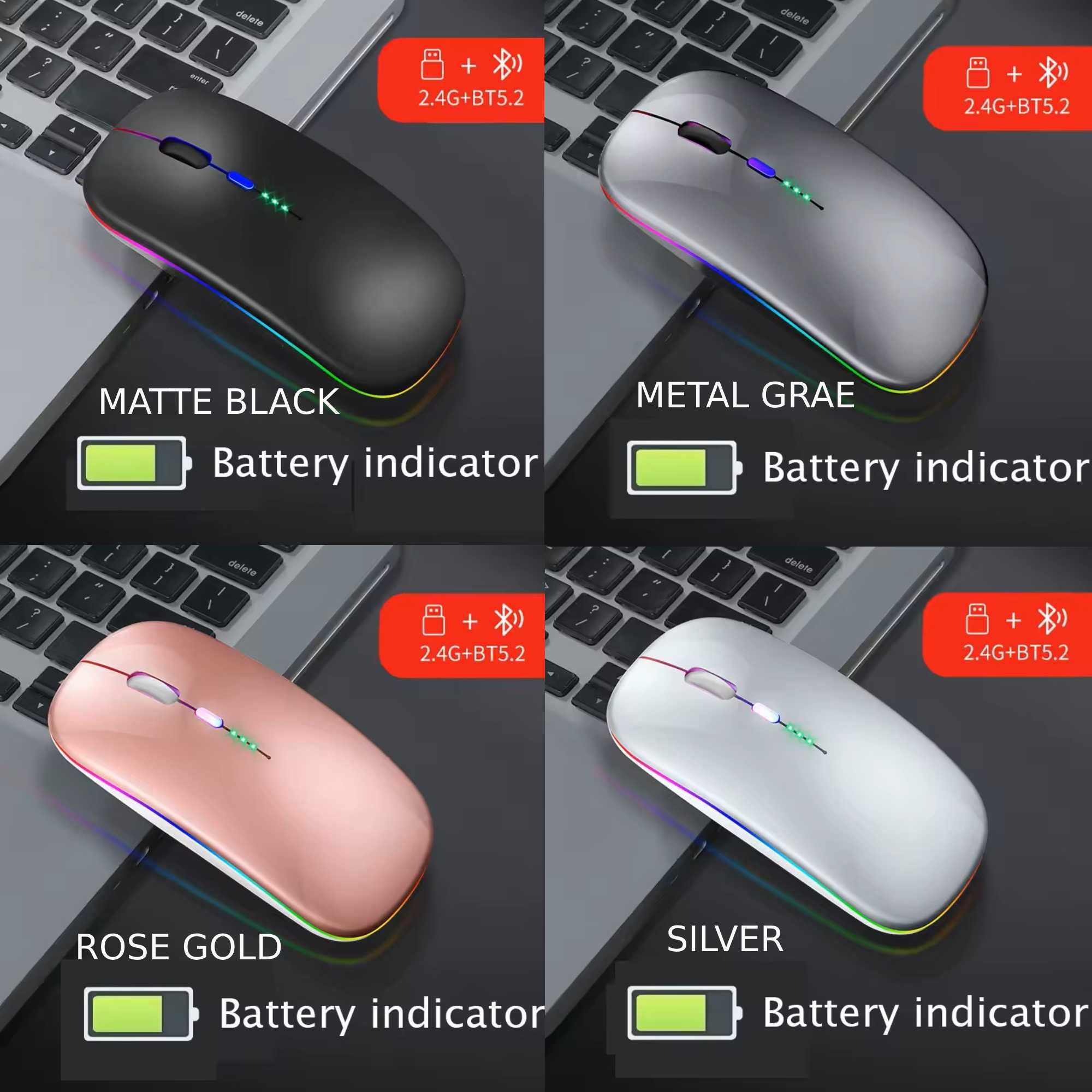 Мышка беспроводная с RGB и Bluetooth 5.2 + 2.4 Гц c индикатором батар.
