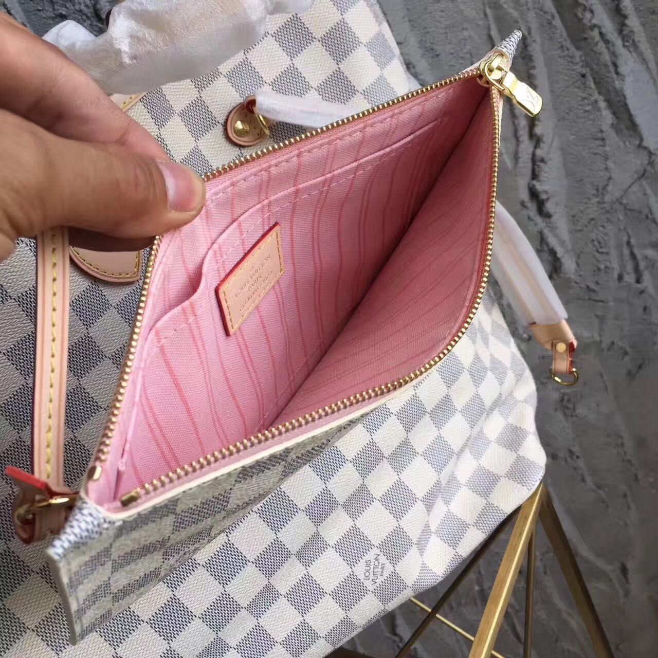 Torebka damska shopper Louis Vuitton Neverfull GM biała kratka skóra