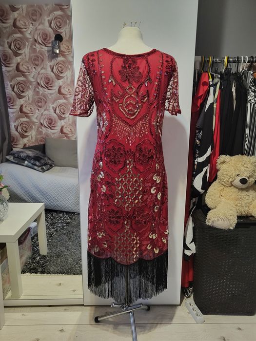Czerwona cekinowa sukienka, lata 20, r.46, Andrzejki, Sylwester