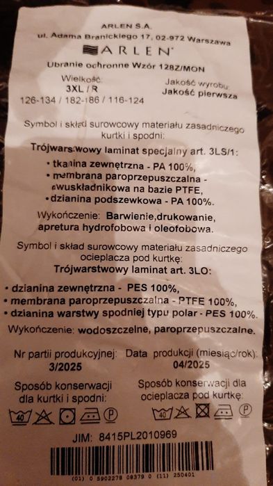 Ubranie ochronne "goratex" 128Z/MON