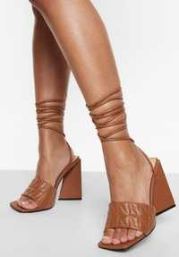 Pikowane sandały damskie na obcasie wiązane 38 rozmiar brązowe