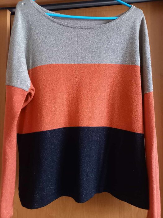 Sweter sweterek lekki cienki srebrna nitka pasy kaszmir